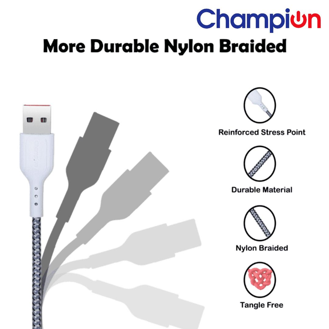 Champion USB-A to Type-C 2.4A Fast Charging Cable Braided ,Compatible with Android Phones/Tablets