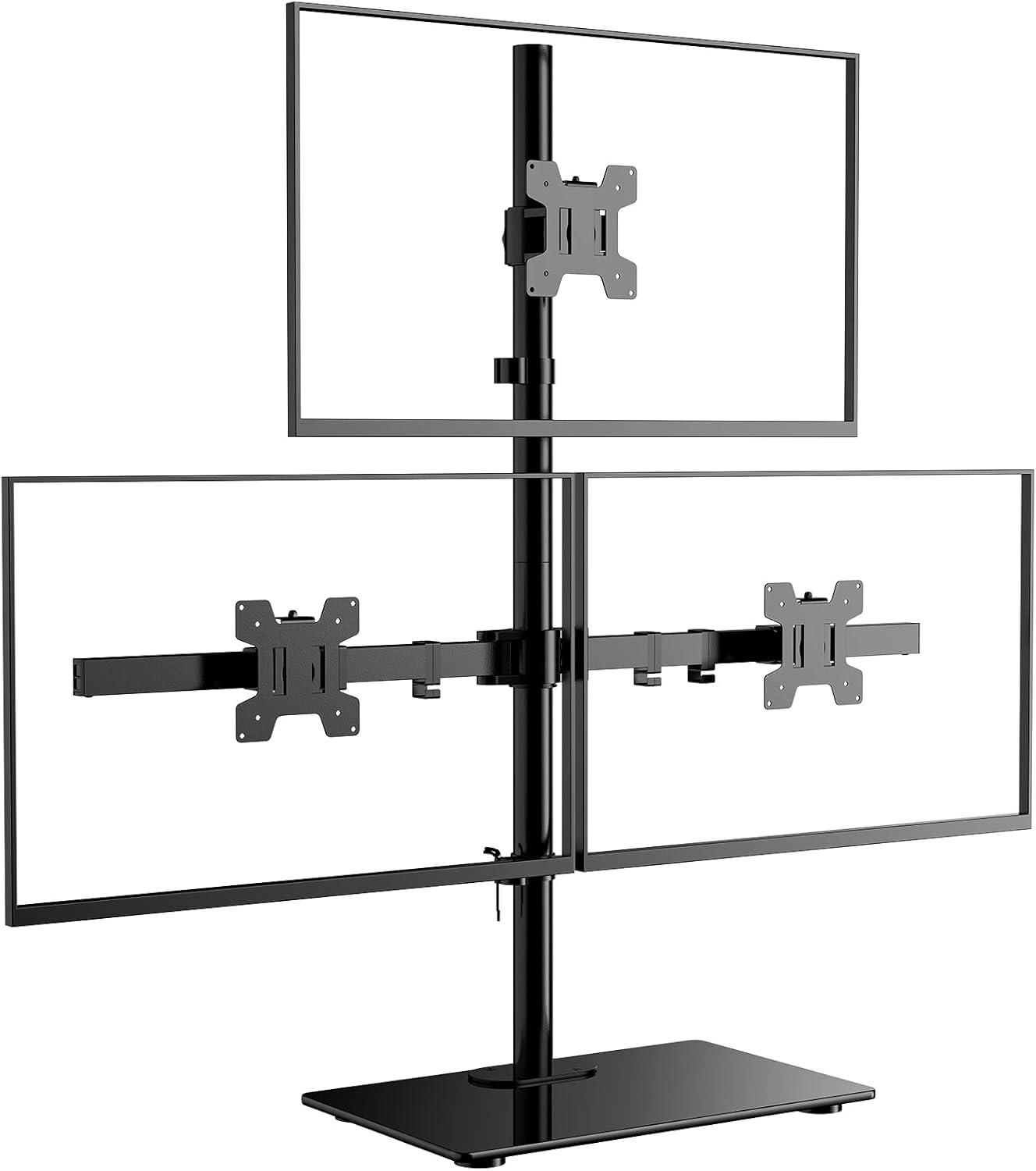 Triple Monitor LED Stand (1x3) – Height Adjustable Desk Mount, Free-Standing Arm for 3 Monitors