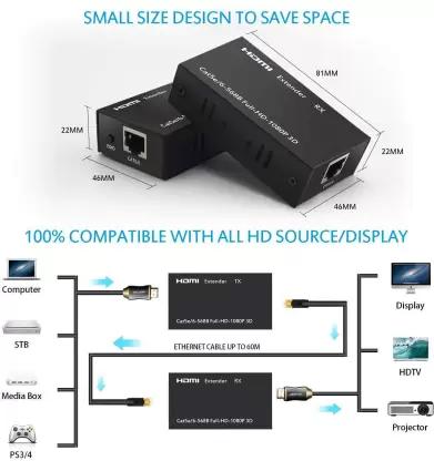 HDMI Extender 60M Over Single Cat6e UTP Ethernet Cable for 1080P Support 3D (1x Transmitter+1x Receiver+ Power Adapters) for PS4, TV Box, PC, DVD Player, Media Streaming Device (Black)