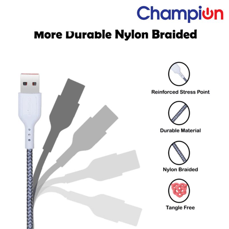 Champion USB to Lightning (iPhone) Data Sync & Fast Charging Cable Braided 1M for iPhone 14/13/12/12 PRO Max/12 Mini/11/11PRO/XS/Max (Grey)