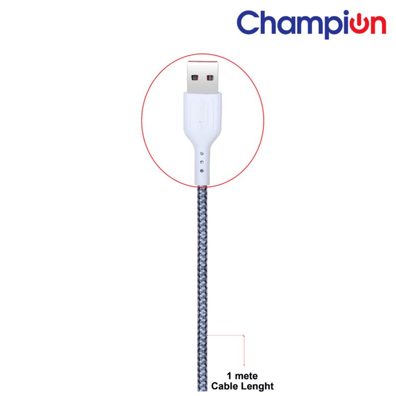 Champion USB to Lightning (iPhone) Data Sync & Fast Charging Cable Braided 1M for iPhone 14/13/12/12 PRO Max/12 Mini/11/11PRO/XS/Max (Grey)