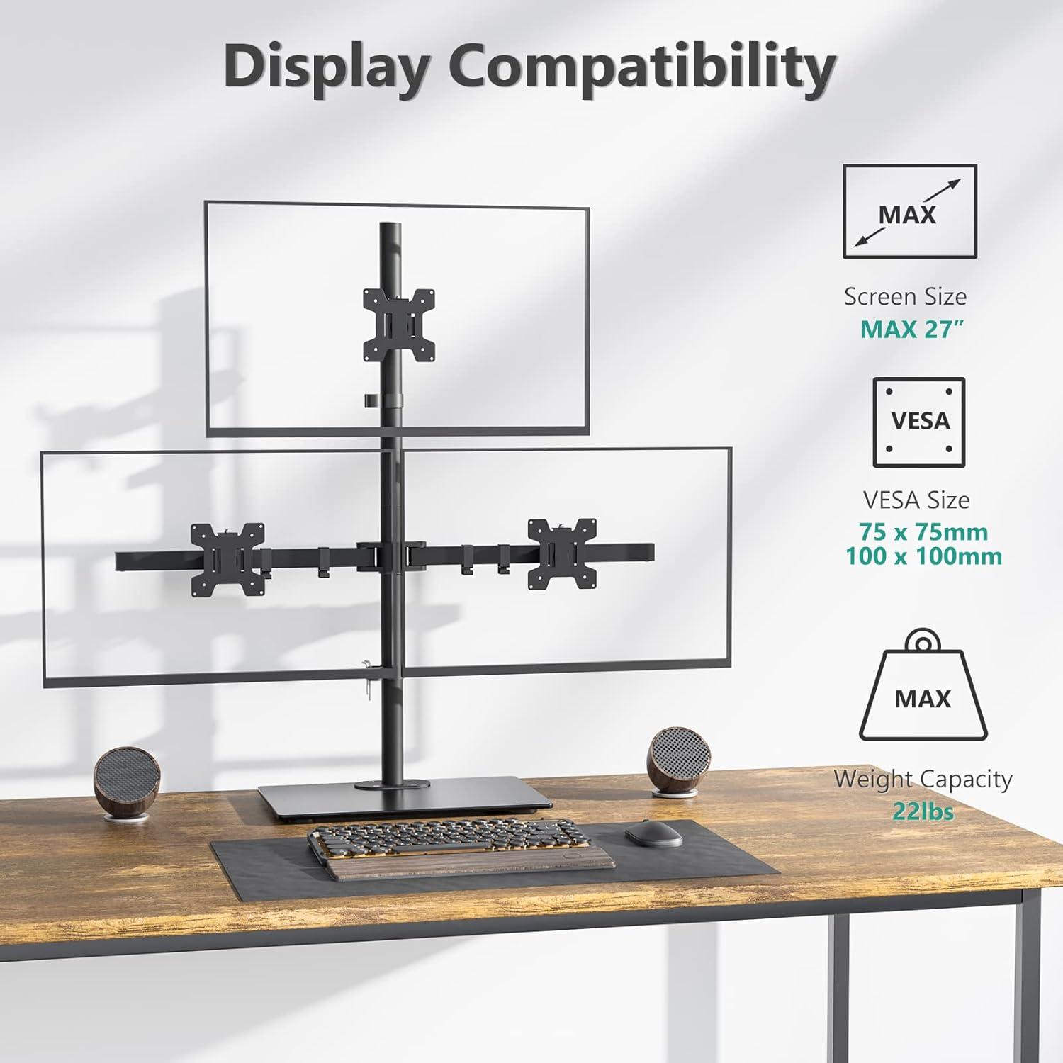 Triple Monitor LED Stand (1x3) – Height Adjustable Desk Mount, Free-Standing Arm for 3 Monitors