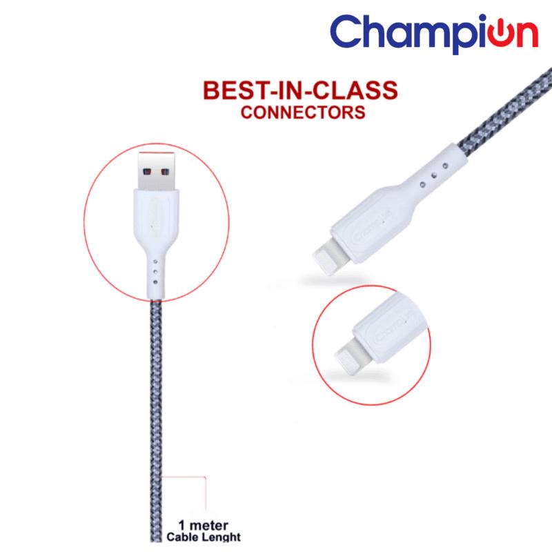 Champion USB to Lightning (iPhone) Data Sync & Fast Charging Cable Braided 1M for iPhone 14/13/12/12 PRO Max/12 Mini/11/11PRO/XS/Max (Grey)