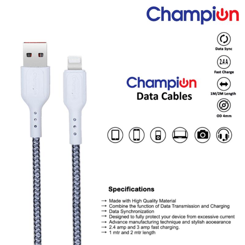 Champion USB to Lightning (iPhone) Data Sync & Fast Charging Cable Braided 1M for iPhone 14/13/12/12 PRO Max/12 Mini/11/11PRO/XS/Max (Grey)