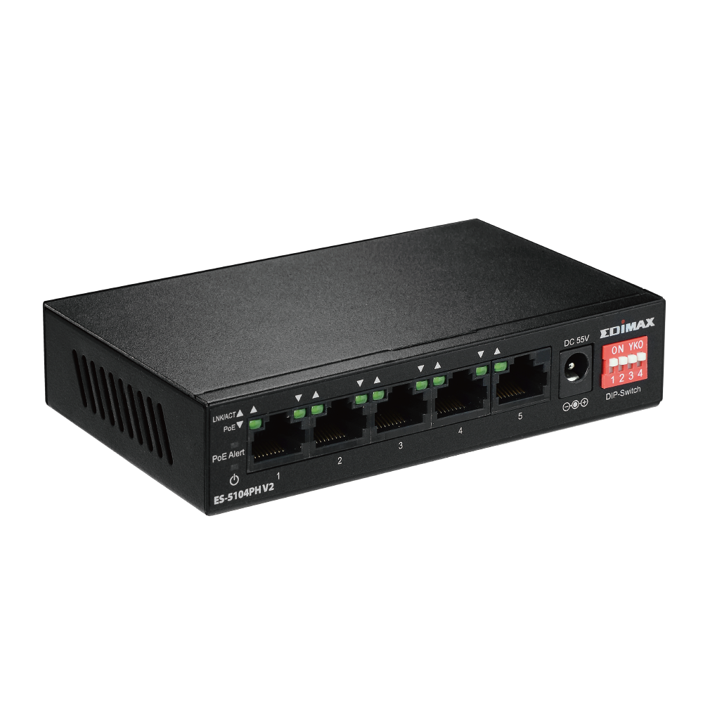 Edimax ES-5104PH V2, Unmanaged Long Range 5-Port Fast Ethernet Switch with 4 PoE+ Ports and DIP Switch