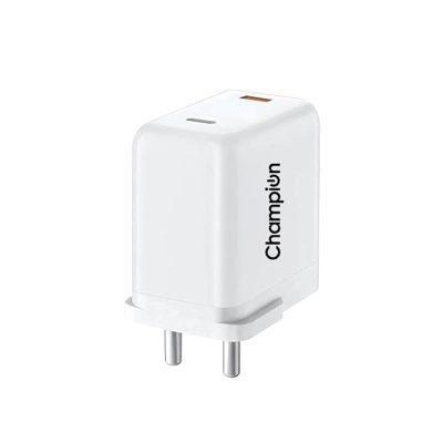 Champion 25W PD Wall Charger/Adapter with Dual Output (USB + Type C) Supports PPS/Warp/Dash/SuperVooc Charging Via USB Port & PD Charge for iPhone & Android Devices (White)