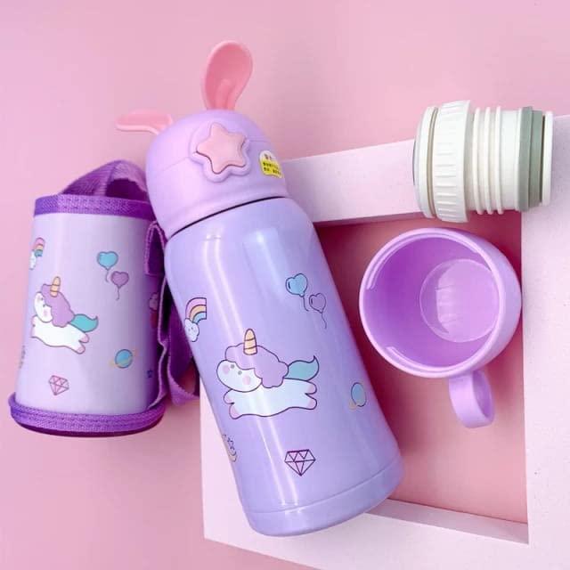 Cartoon Printed - Sipper Water Bottle with Straw & Cover for Children - Stainless Steel Flask 500 ML (Purple) brinkpink