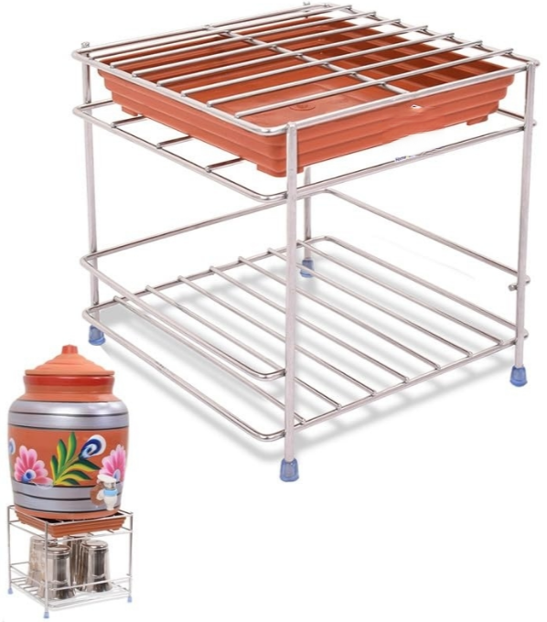 DC Steel Matka Stand with Water Tray, Square Design, 20 x 20 x 19 cm, Silver (Square Stand) silver