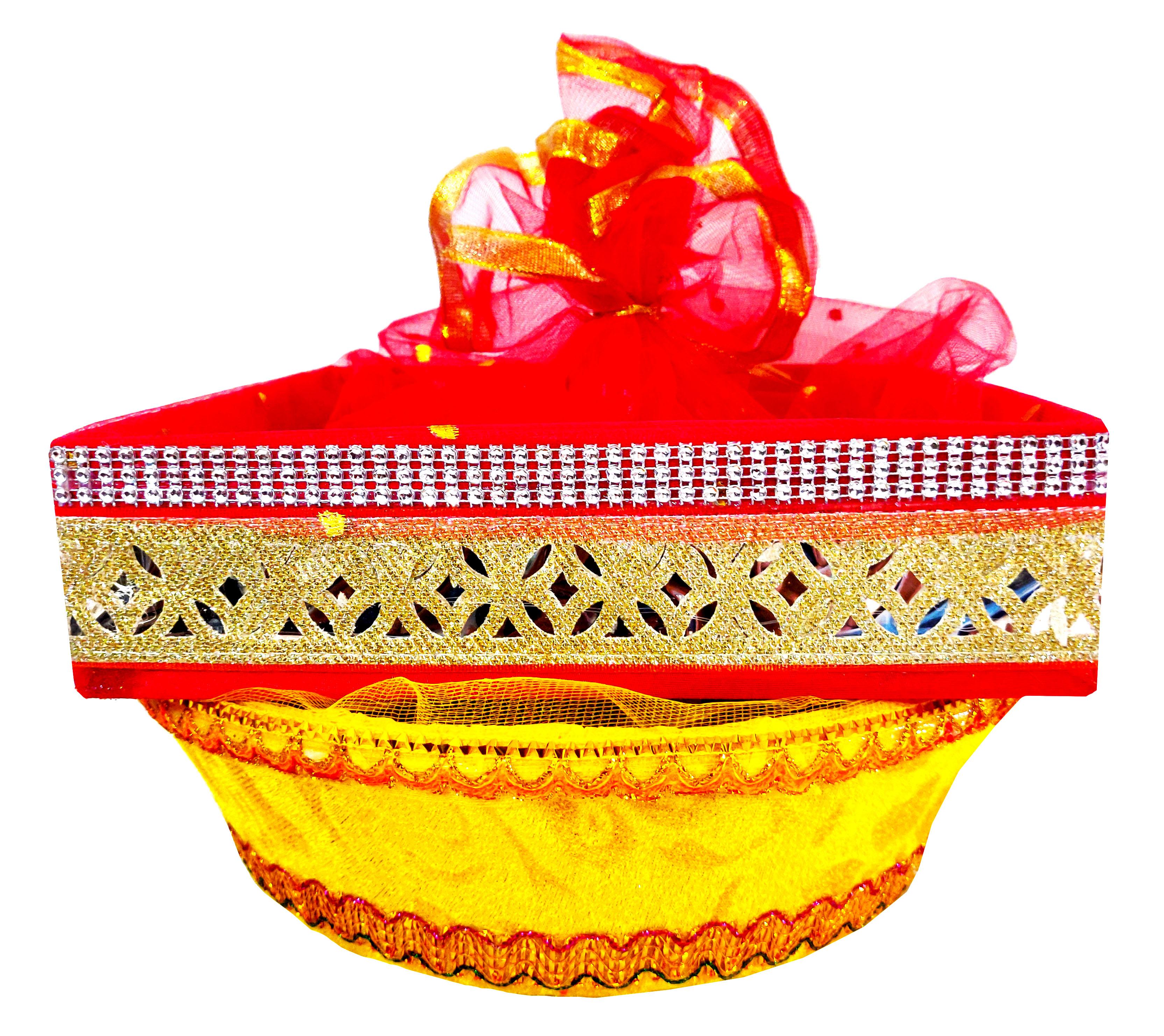 Omkar by R3 Inc. Handmade Multicolor Fancy Gift Hamper Basket Net Covering for Wedding and Festival Gift Purpose - (Pack of 2 / Jumbo) Square & Round Basket