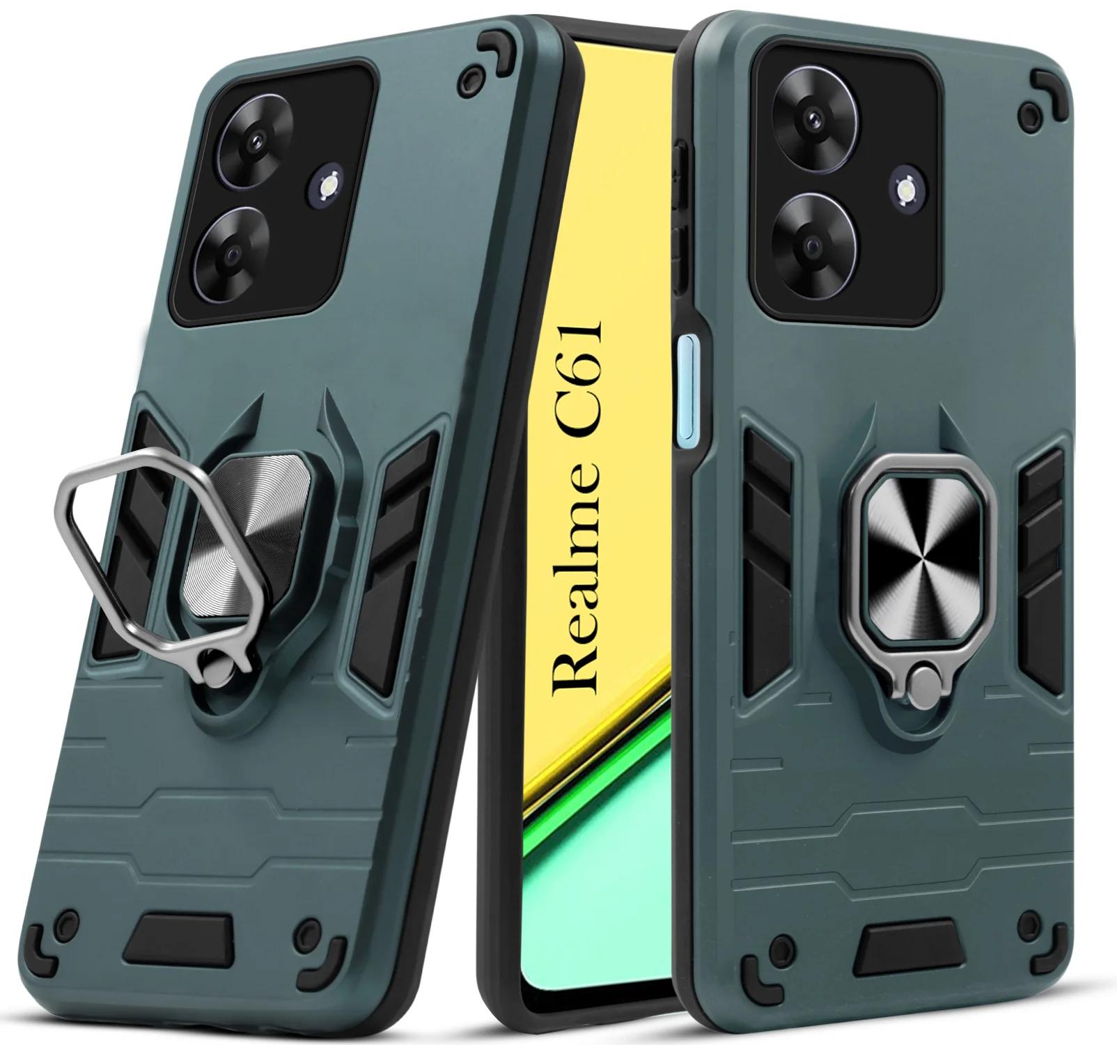 Mobile Cover for Realme C61 | Realme Narzo N61 Shock Proof Armor Back Case (Hybrid PC + TPU) with Ring Holder and Kick stand green