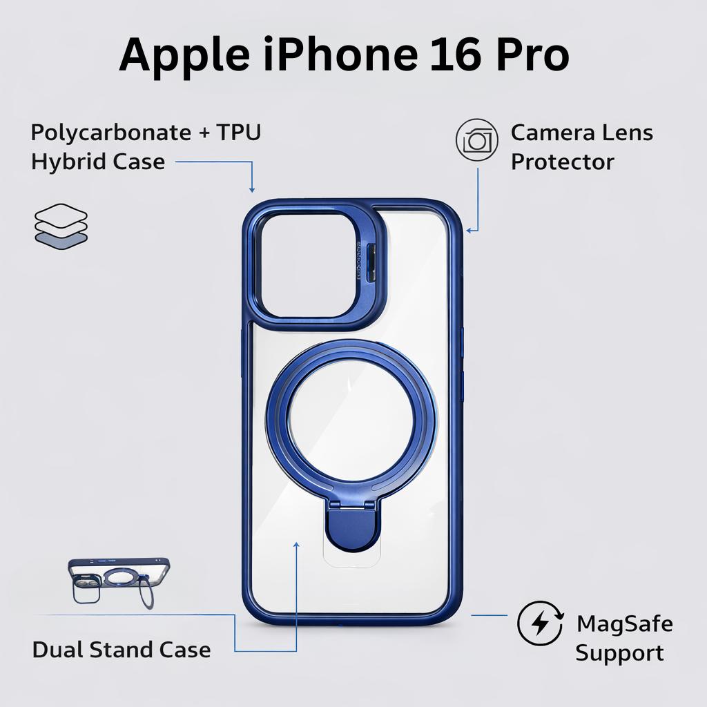 Mobile Cover for Apple iPhone 16 Pro Mobile Phone | Hybrid (PC + TPU) case | Dual Stand Case with MagSafe Support and Camera Lens Protector blue
