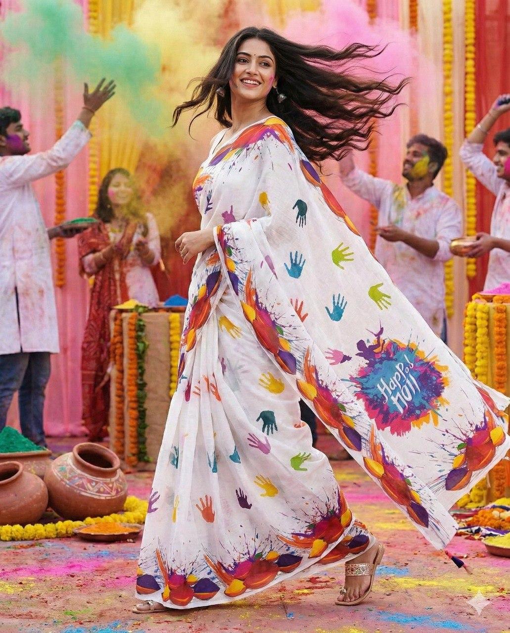 linen digital print holi special saree
