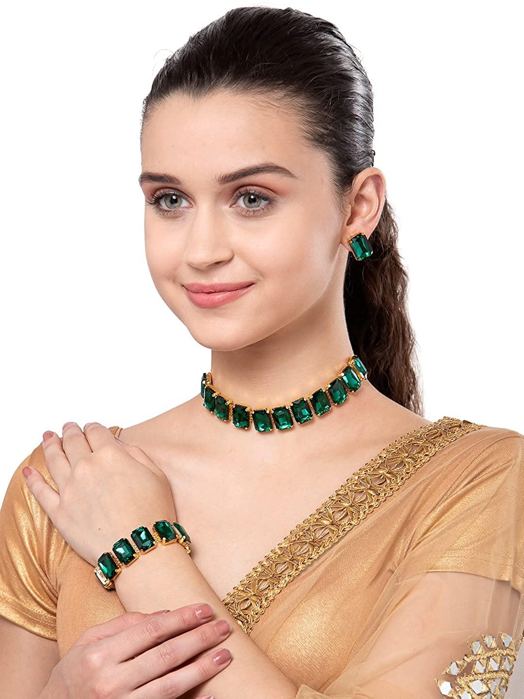 trendy crystal stones necklace set with earrings and bracelet combo for women and girls