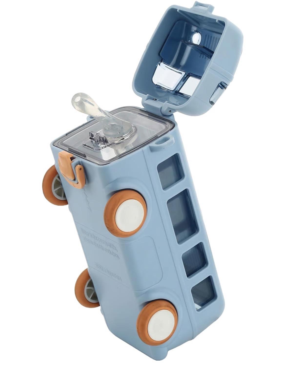 Bus Water Bottle With Strap For Kids, Leakproof Bpa Free Food Grade Bus Shaped With Movable Wheels Drinking Picnic Bottle