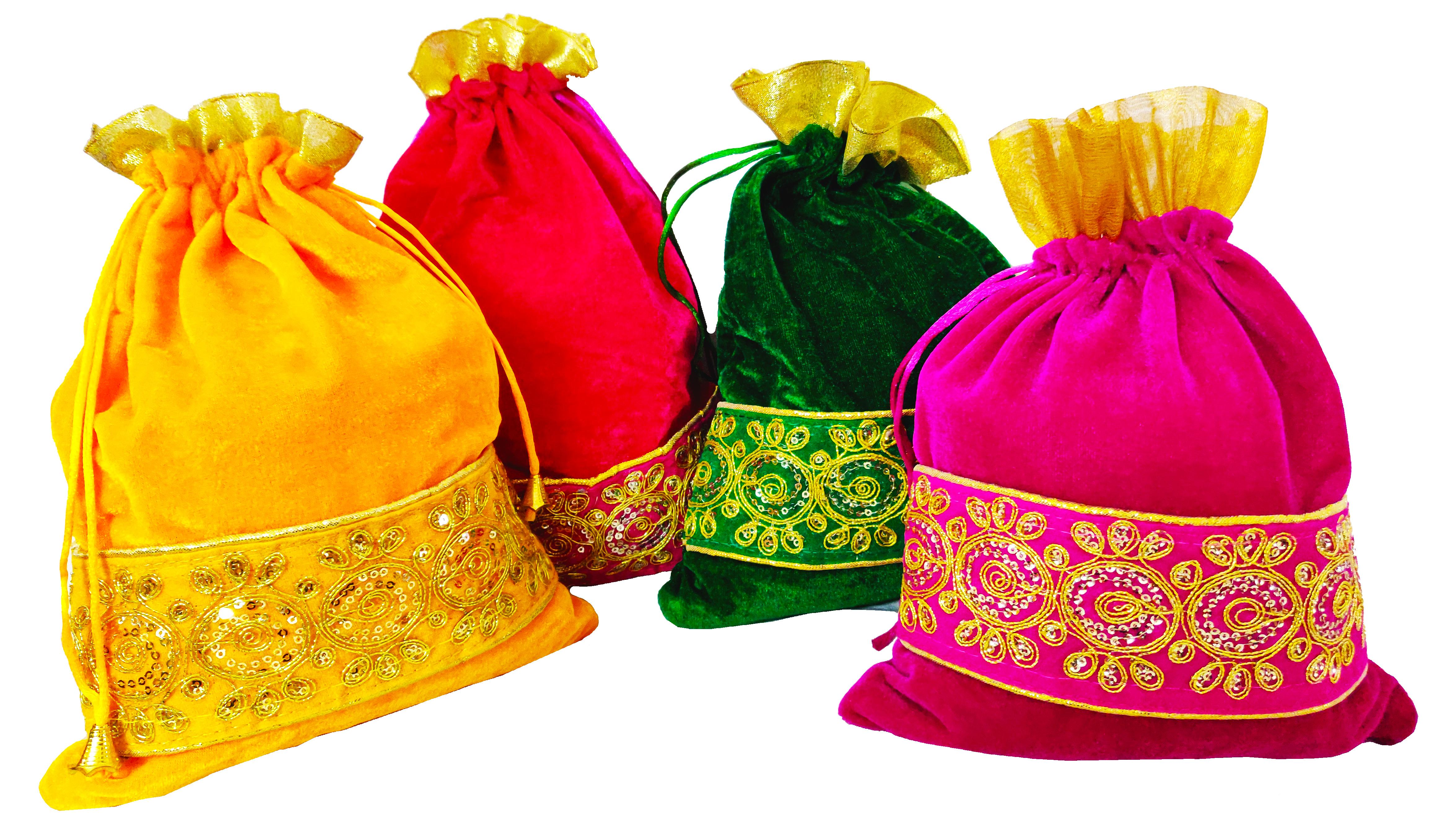 Omkar by R3 Inc. Lace Gift Pouch / Shagun Potli Multicolor Jumbo (Pack of 4) 30x22 Cm