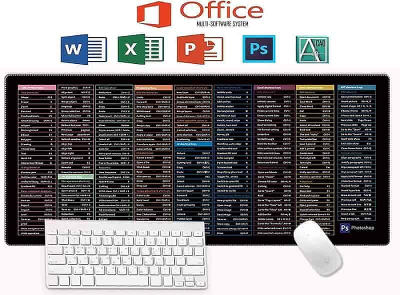 Super Large (900x400x3 MM) Anti-Slip Desk Mat with Office Software Shortcuts - Keyboard and Mouse Pad for Enhanced Productivity black
