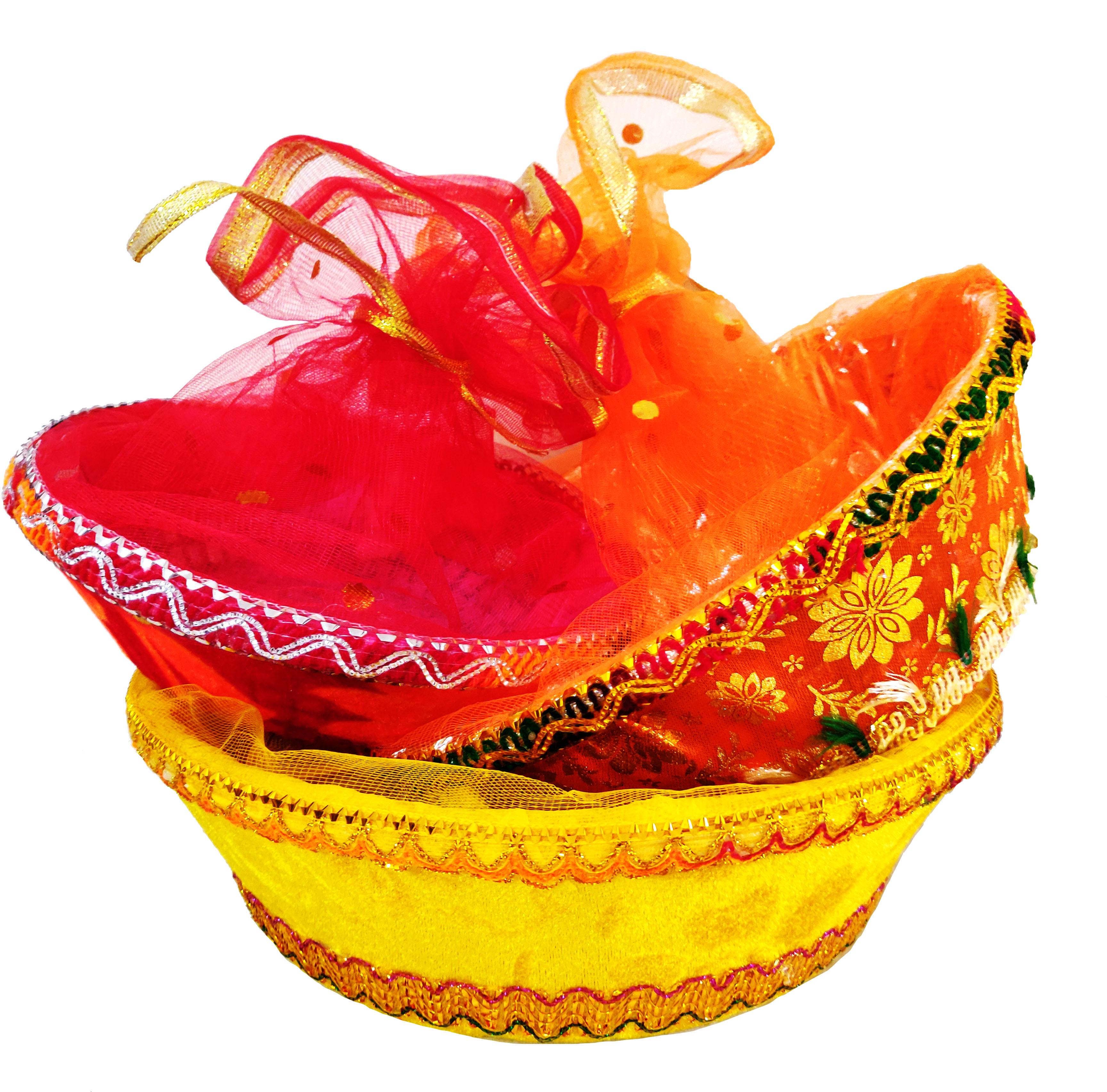 Omkar by R3 Inc. Handmade Multicolor Fancy Gift Hamper Basket Net Covering for Wedding and Festival Gift Purpose - Round (Set of 3) - Standard. Large & Jumbo