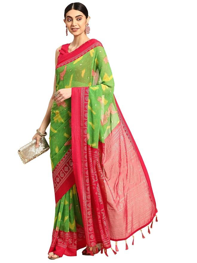 Women's Chiffon viscose border with rainbow jari Saree With Unstitched Blouse Piece (SURBHI)
