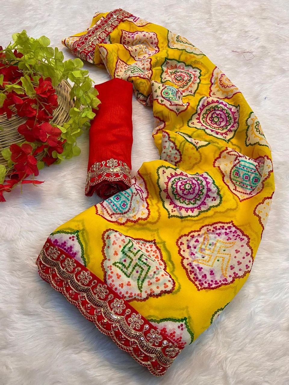 beautiful designer georgette fabric with beautiful print and with heavy sequence work saree