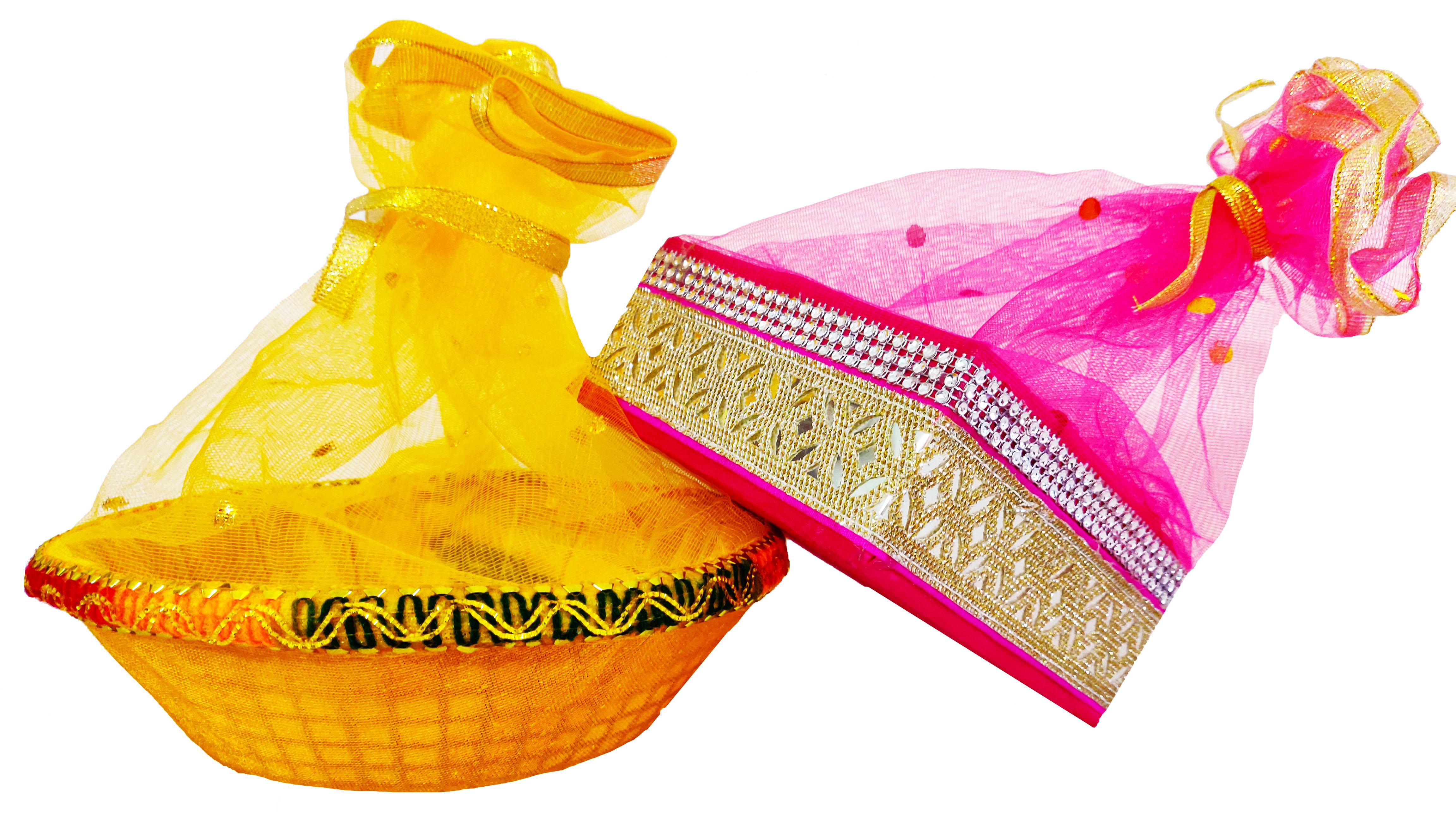 Omkar by R3 Inc. Handmade Multicolor Fancy Gift Hamper Basket Net Covering for Wedding and Festival Gift Purpose - (Pack of 2 / Standard) Square & Round Basket