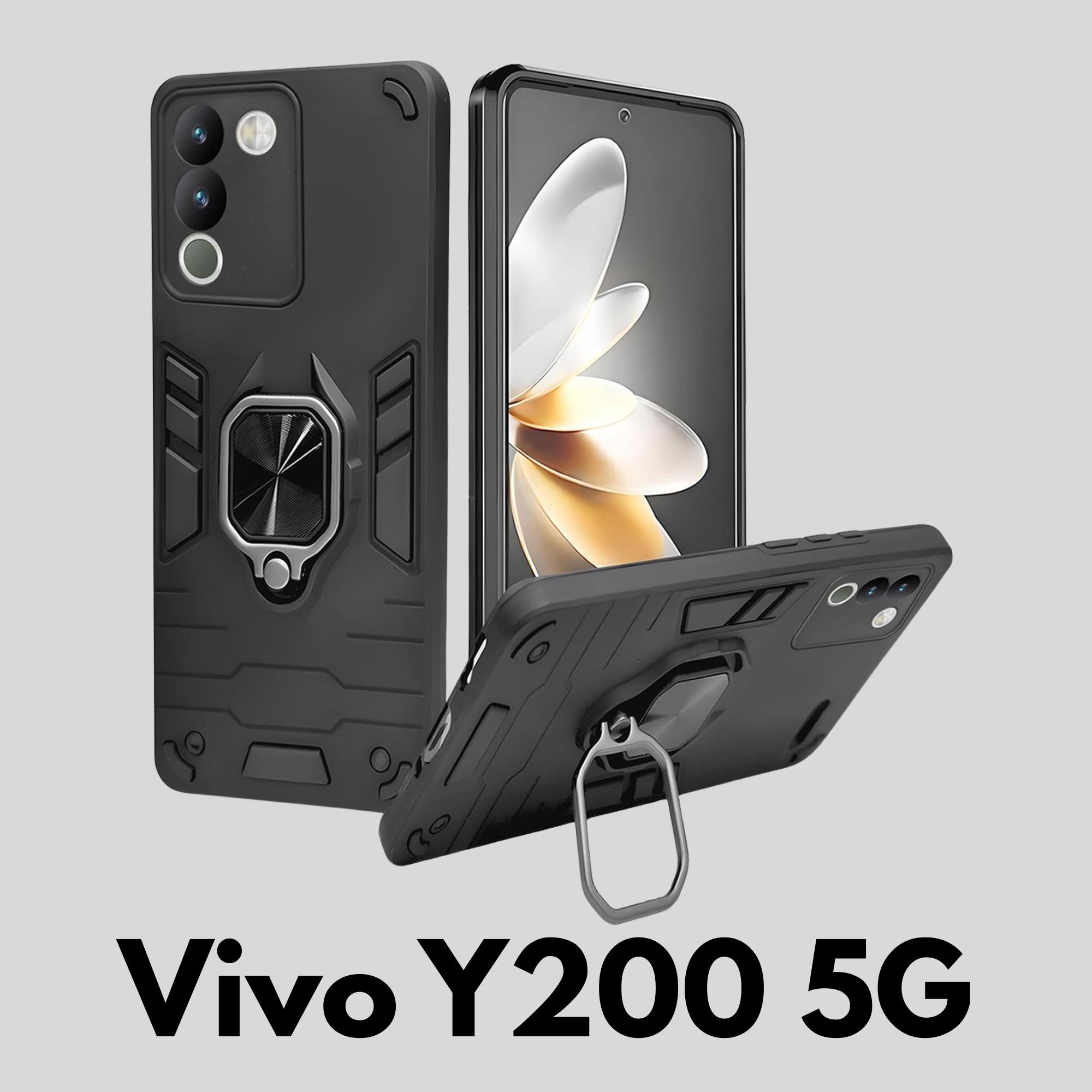 Mobile Cover for Vivo Y200 5G Armor Bumper Back Case with Ring Holder & Kick Stand | Shockproof (Hybrid TPU + PC) black