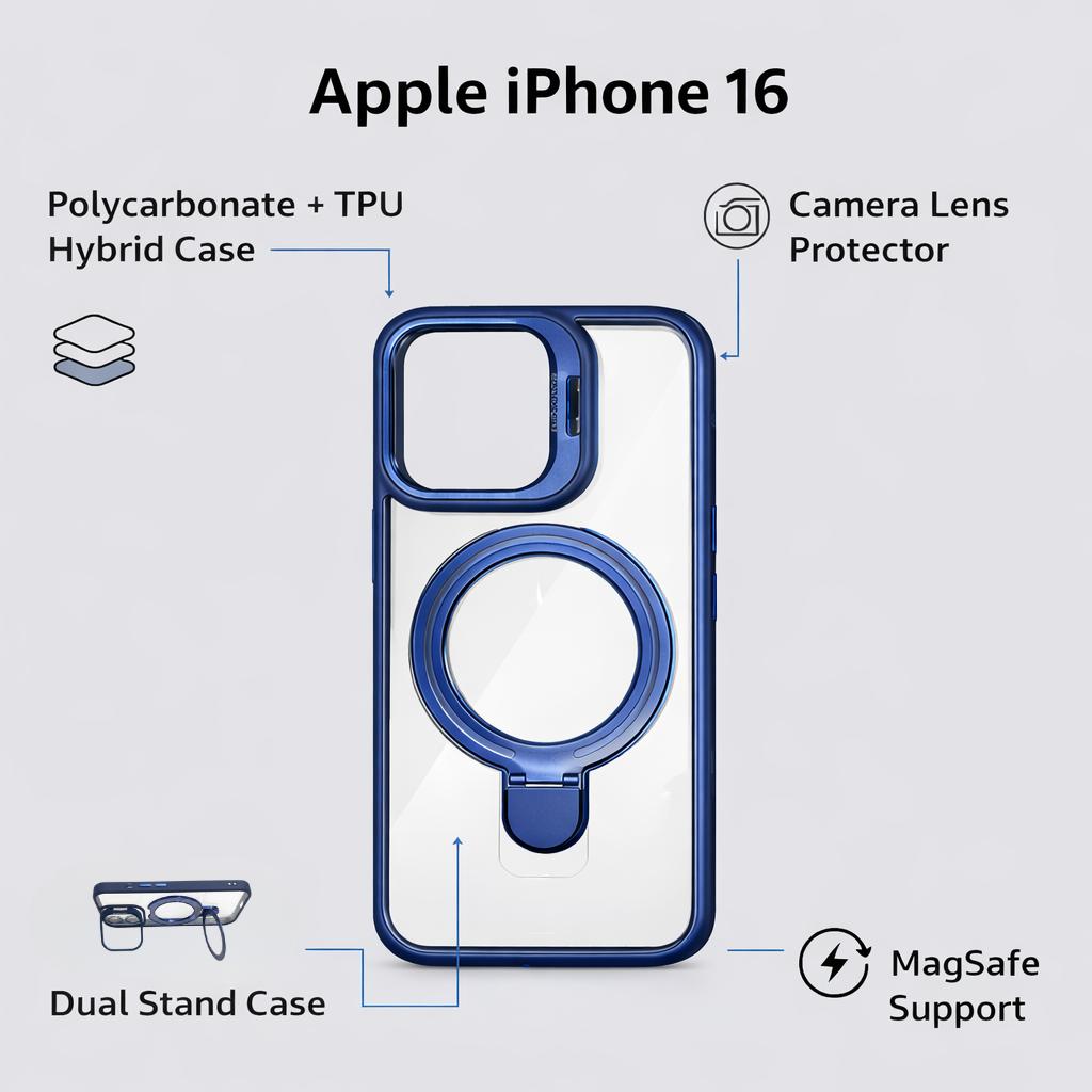 Mobile Cover for Apple iPhone 16 Back Cover | Hybrid (PC + TPU) case | Dual Stand Case with MagSafe Support and Camera Lens Protector blue