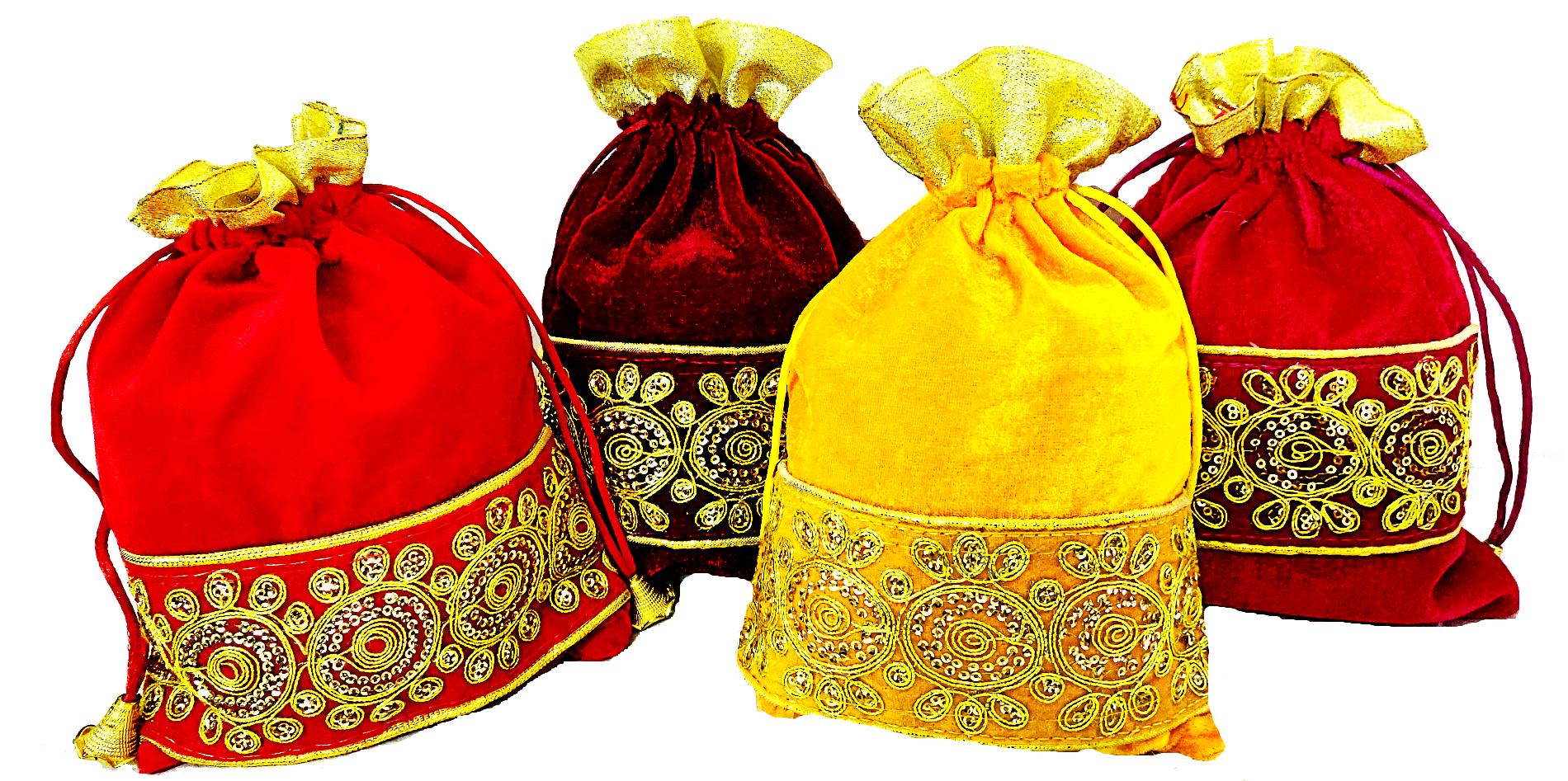 Omkar by R3 Inc. Lace Gift Pouch / Shagun Potli Multicolor Large (Pack of 4) 25x18 Cm