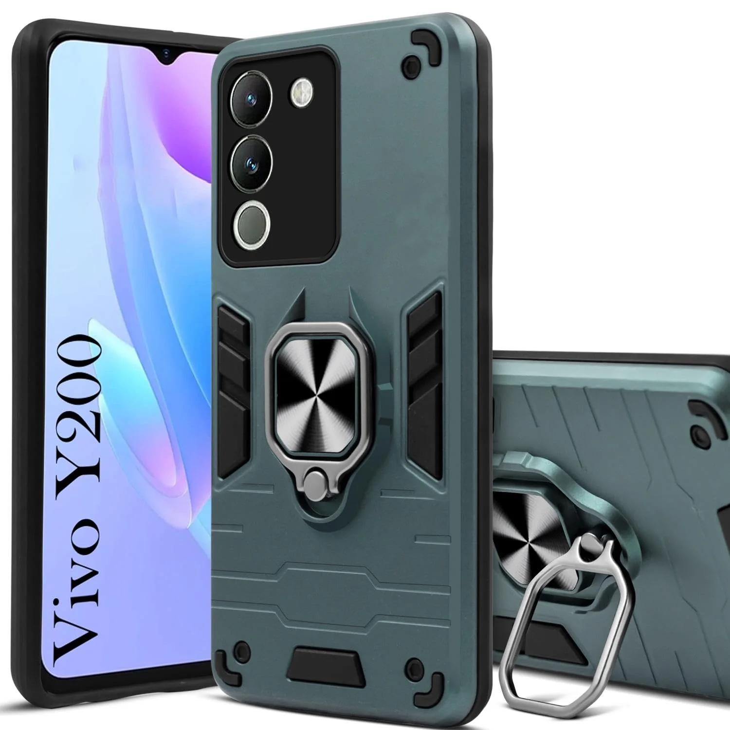 Mobile Cover for Vivo Y200 5G Armor Bumper Back Case with Ring Holder & Kick Stand | Shockproof (Hybrid TPU + PC) green