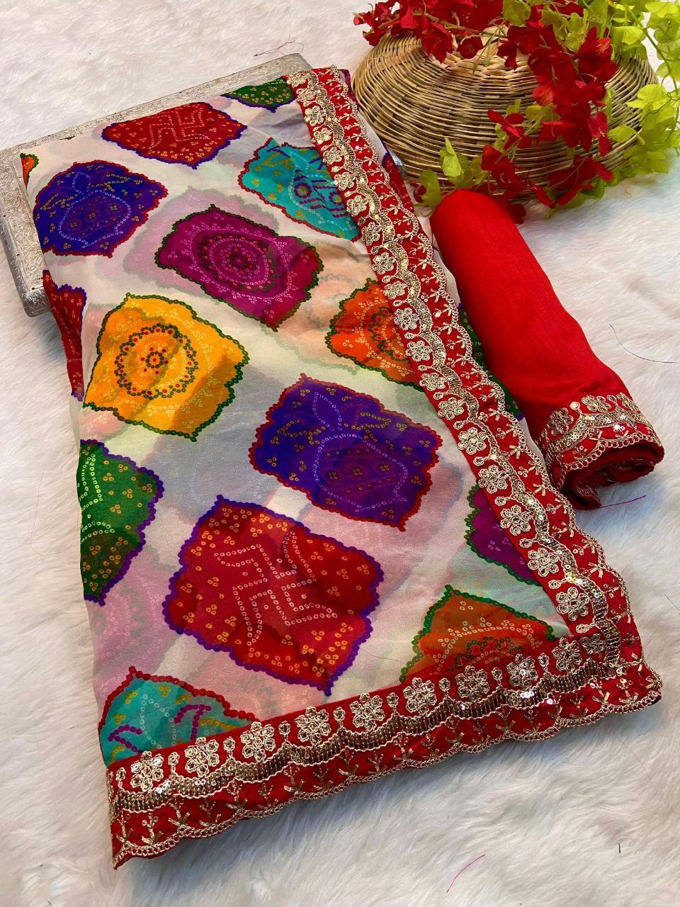 beautiful designer georgette fabric with beautiful print and with heavy sequence border work saree
