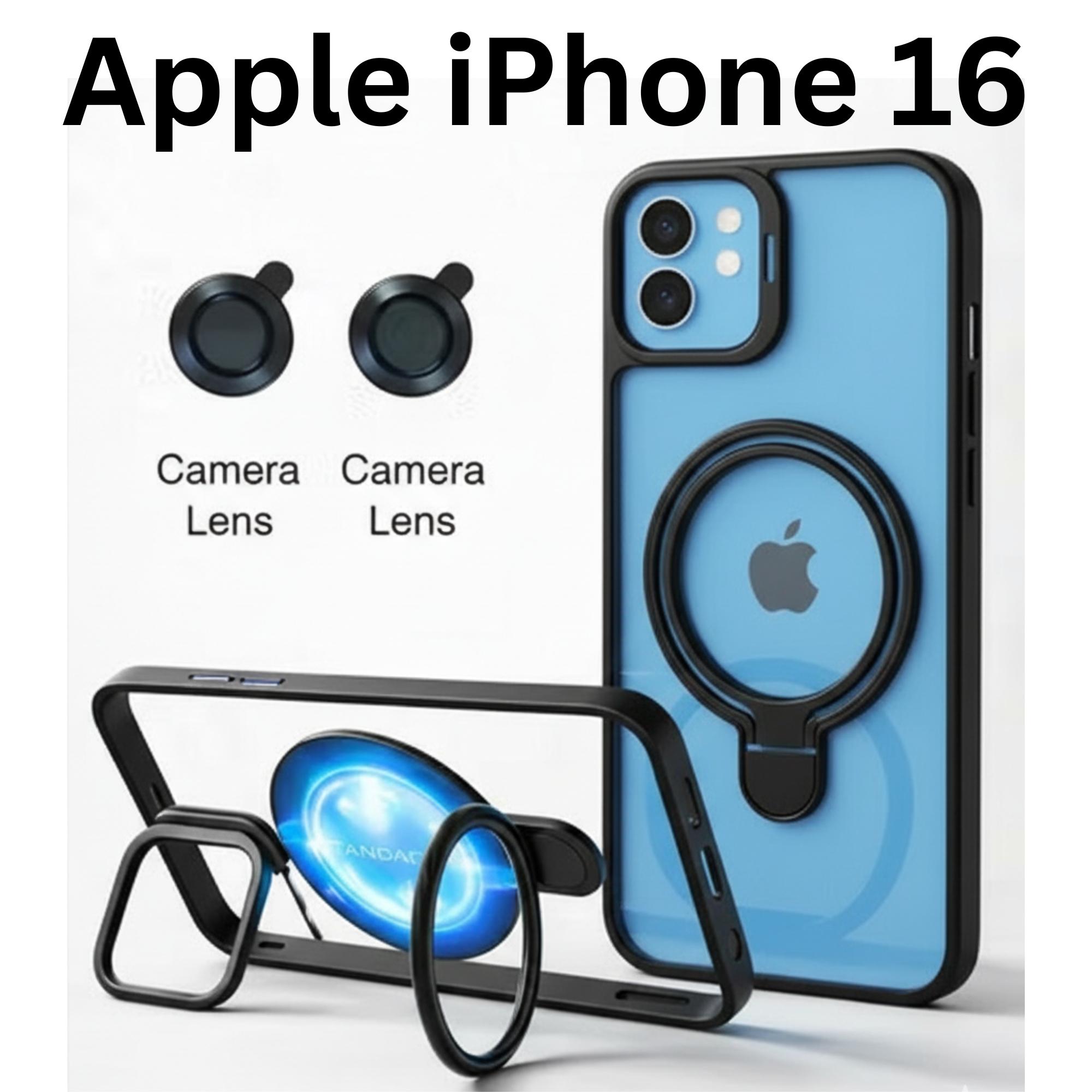 Mobile Cover for Apple iPhone 16 Back Cover | Hybrid (PC + TPU) case | Dual Stand Case with MagSafe Support and Camera Lens Protector black
