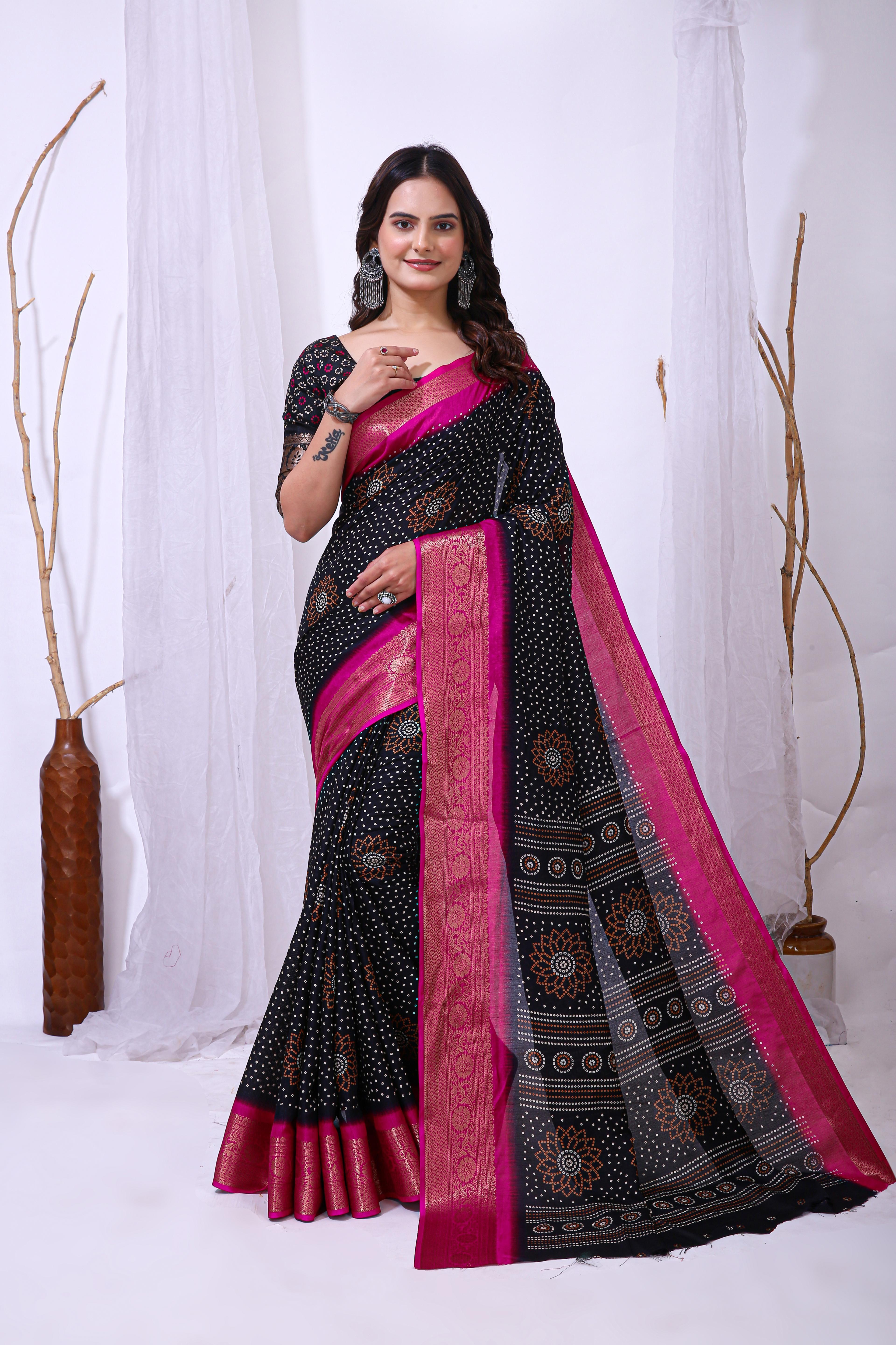 bandhani print dola silk saree with zari border