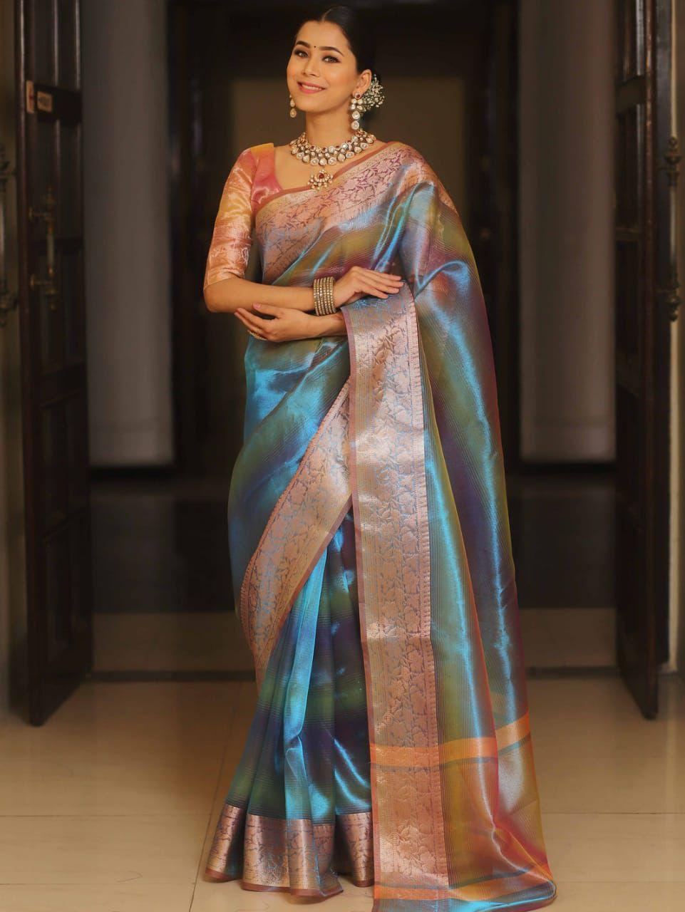 banarasi tissue silk saree in two toned shaded designer wedding saree