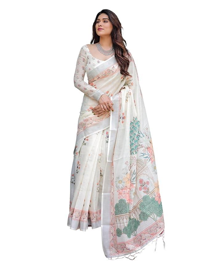 ALMAARI FASHION Floral Print Pure Linen Saree