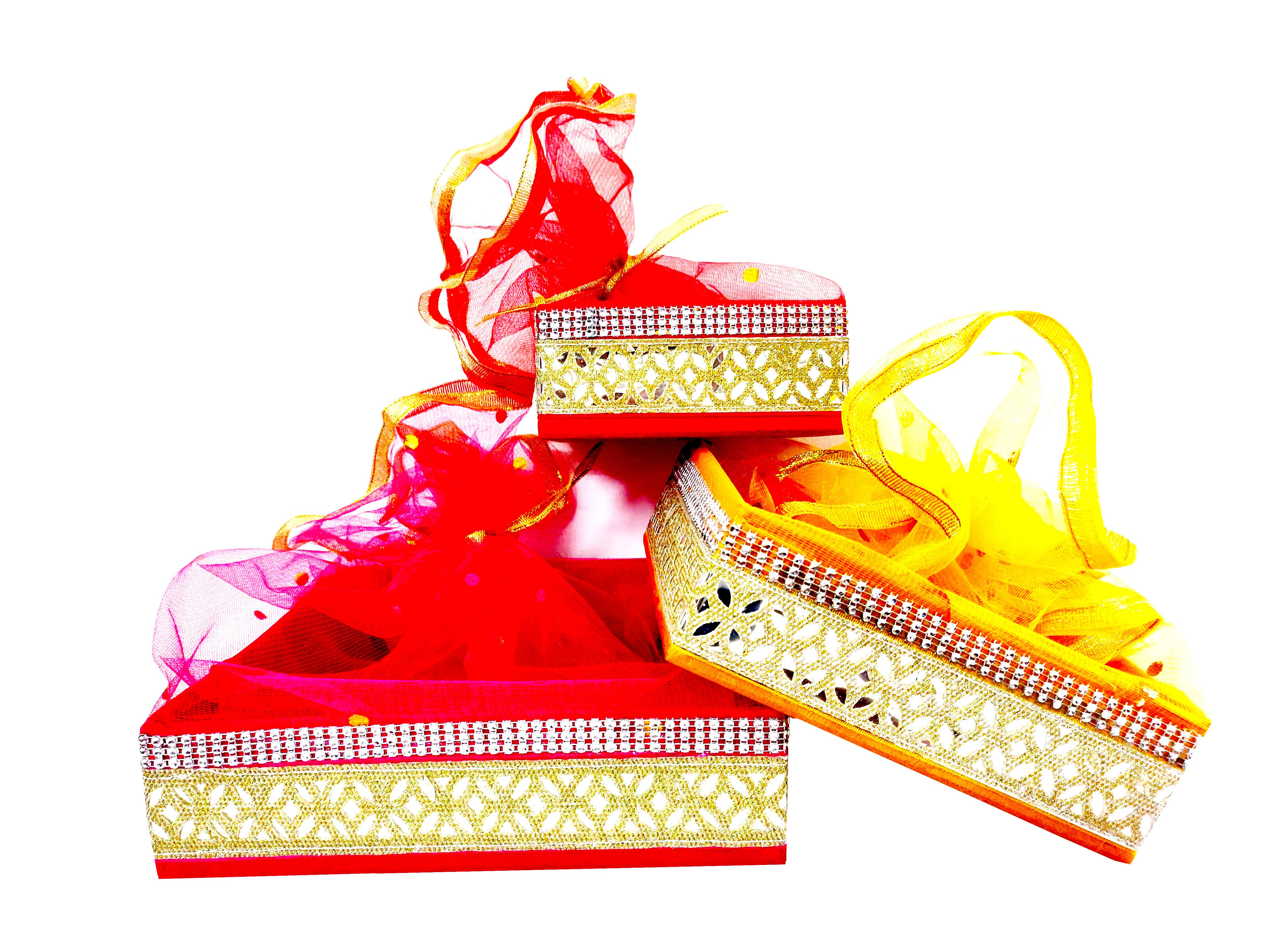 Omkar by R3 Inc. Handmade Multicolor Fancy Gift Hamper Basket Net Covering for Wedding and Festival Gift Purpose - Square 20x20 (Set of 2)