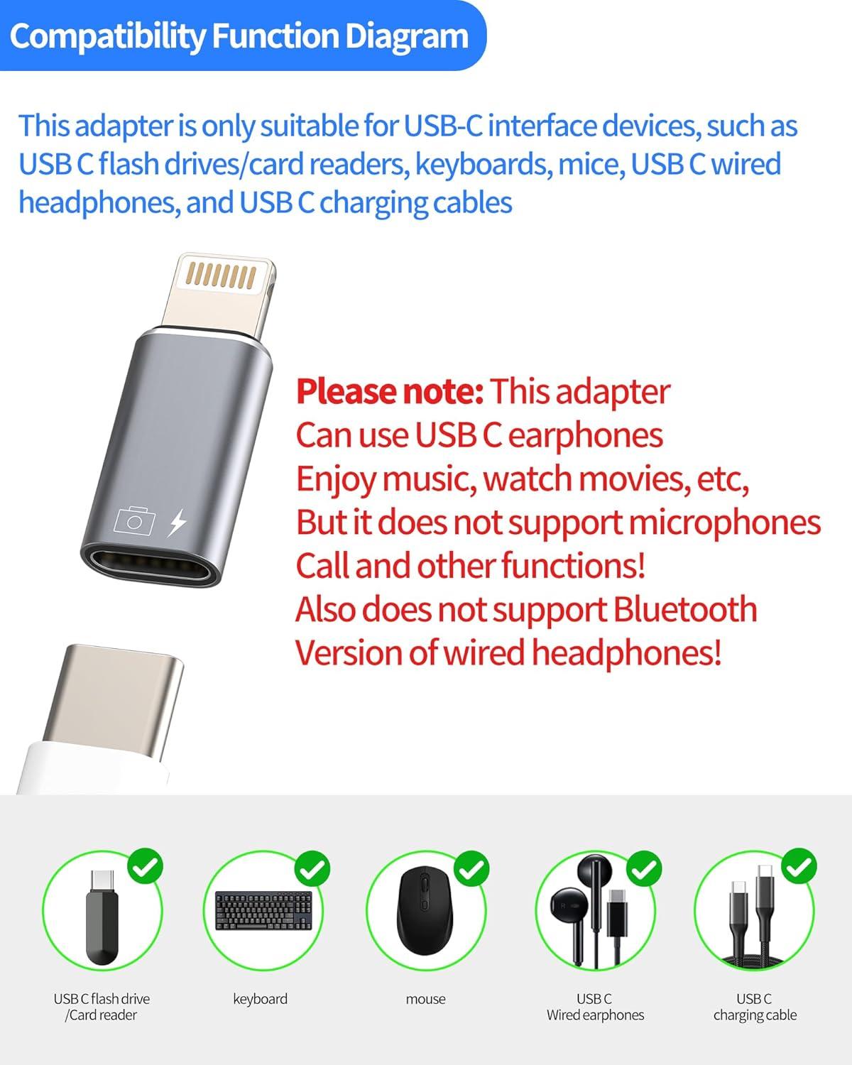 iPhone OTG Adapter  USB-C Female to Lightning Male Converter for Data Sync, Charging, Flash Drive, Camera, Keyboard, Mouse ,Compatible with iPhone 14/13/12/11/XR/X/8/7/SE