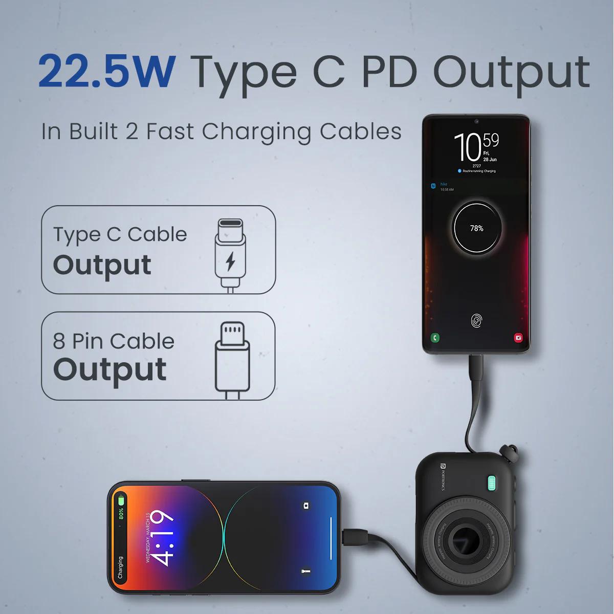 Portronics Power Shutter 15W Wireless Magnetic Power Bank, 22.5W PD, Type-C & 8-Pin Cable, LED Display