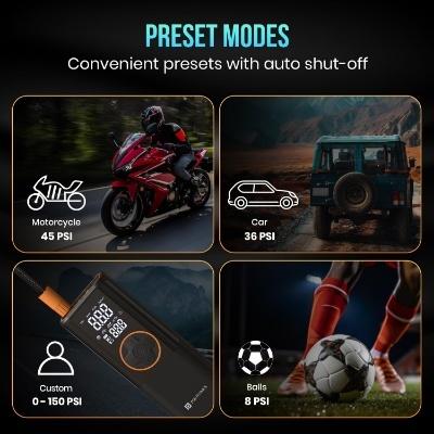 Portronics Vayu 4.0 Tyre Inflator with 2-in-1 Rechargeable & Corded Power, Preset Inflation Modes, Digital Display, Flashlight Torch, Auto Shut-Off, Air Pump Compressor for Car & Bike (Black)