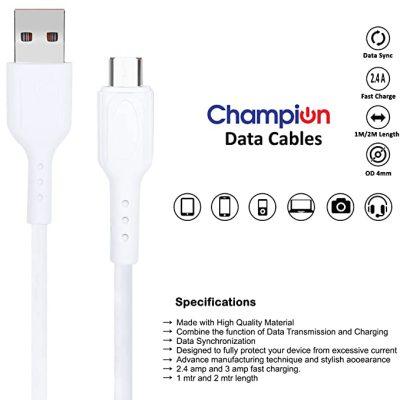 Champion USB A to Type-C 3Amp Data Sync & Fast Charging Cable PVC for all Android & USB Type-C Devices