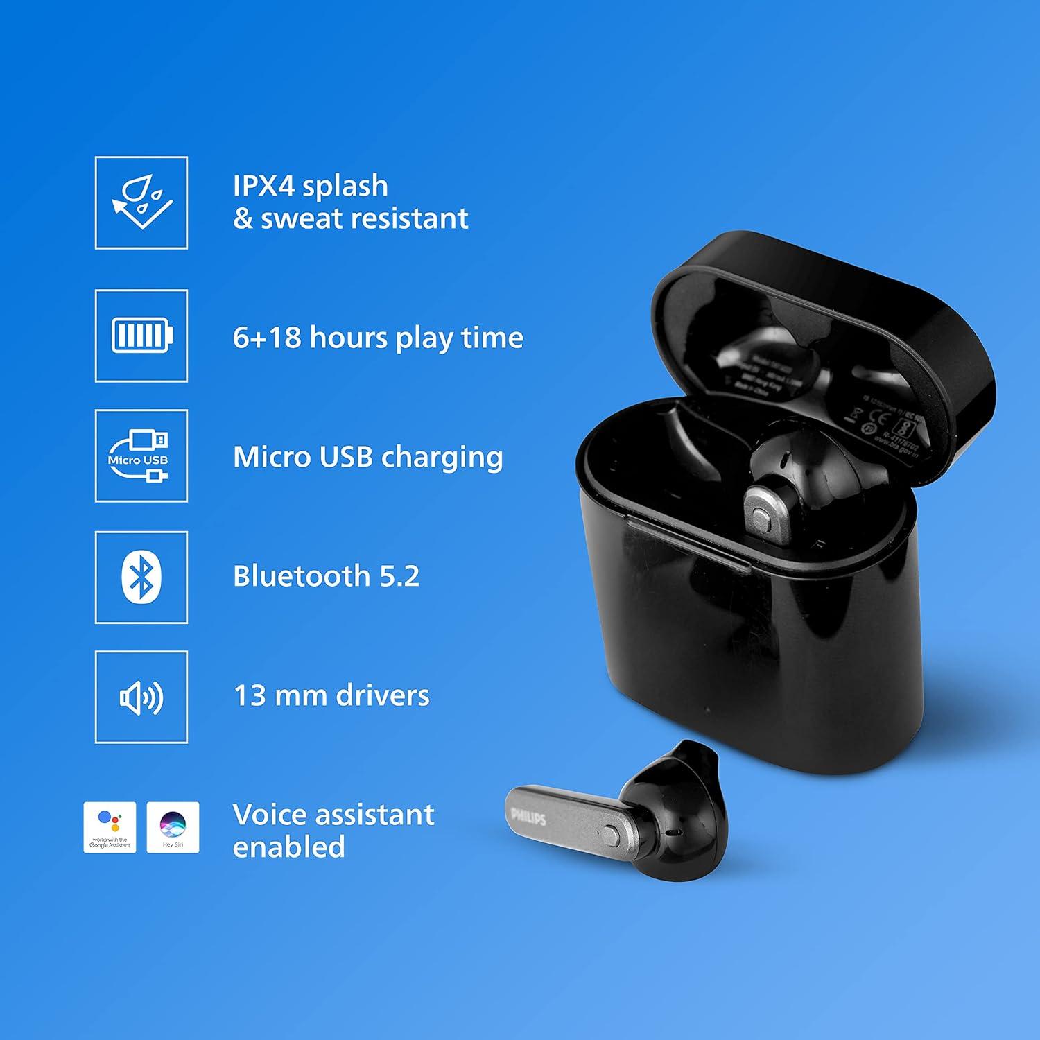 Philips Audio TWS TAT3225 True Wireless Earbuds | 24 Hr Playtime, IPX4, Bluetooth 5.2, Voice Assistant - Black