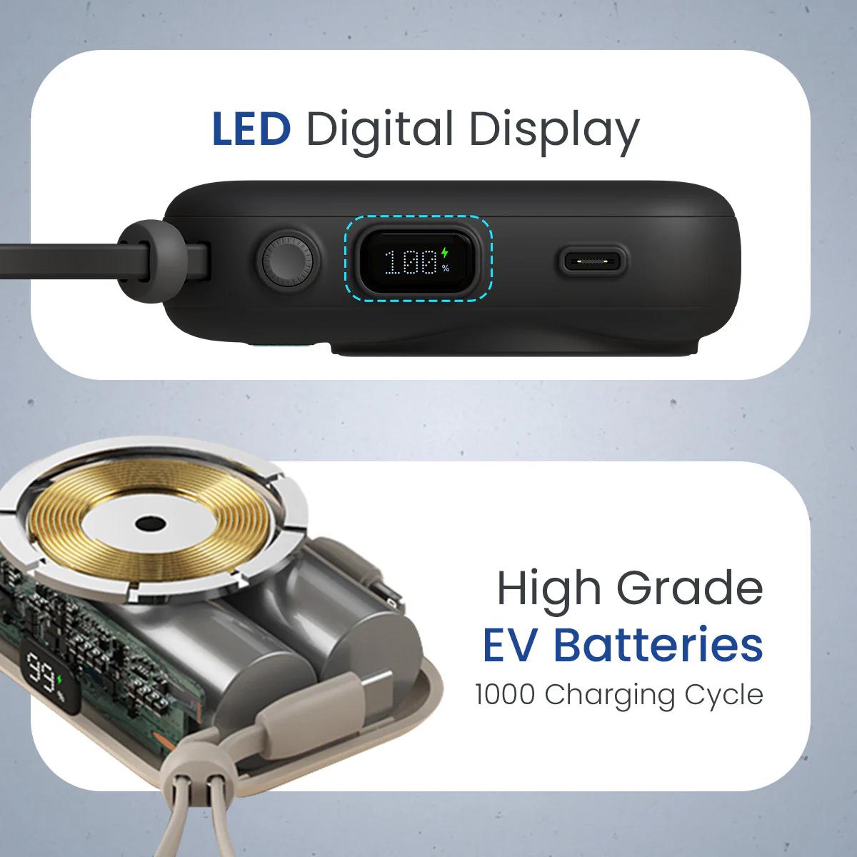 Portronics Power Shutter 15W Wireless Magnetic Power Bank, 22.5W PD, Type-C & 8-Pin Cable, LED Display