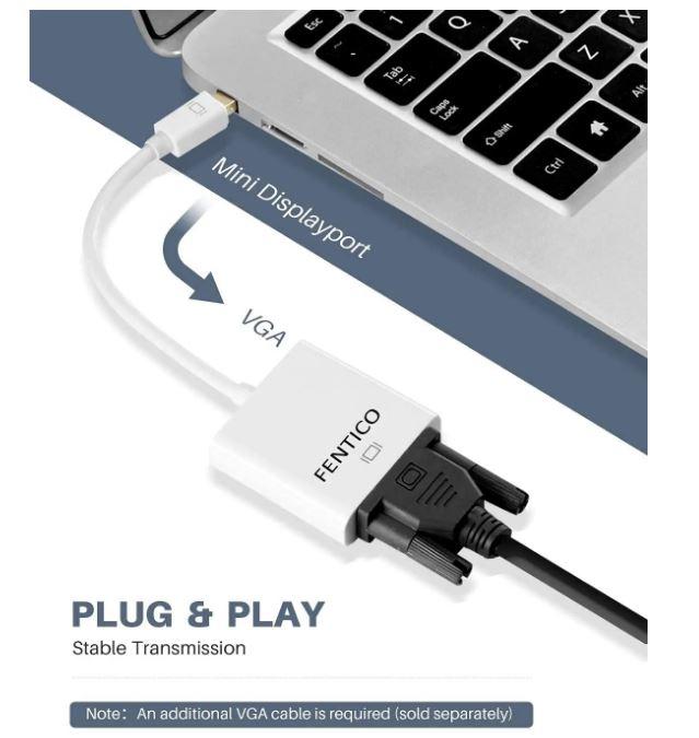 Mini (DP) DisplayPort (M) to VGA (F) Adapter Compatible with Computer, Desktop, Laptop, PC, Monitor, Projector, HDTV-White