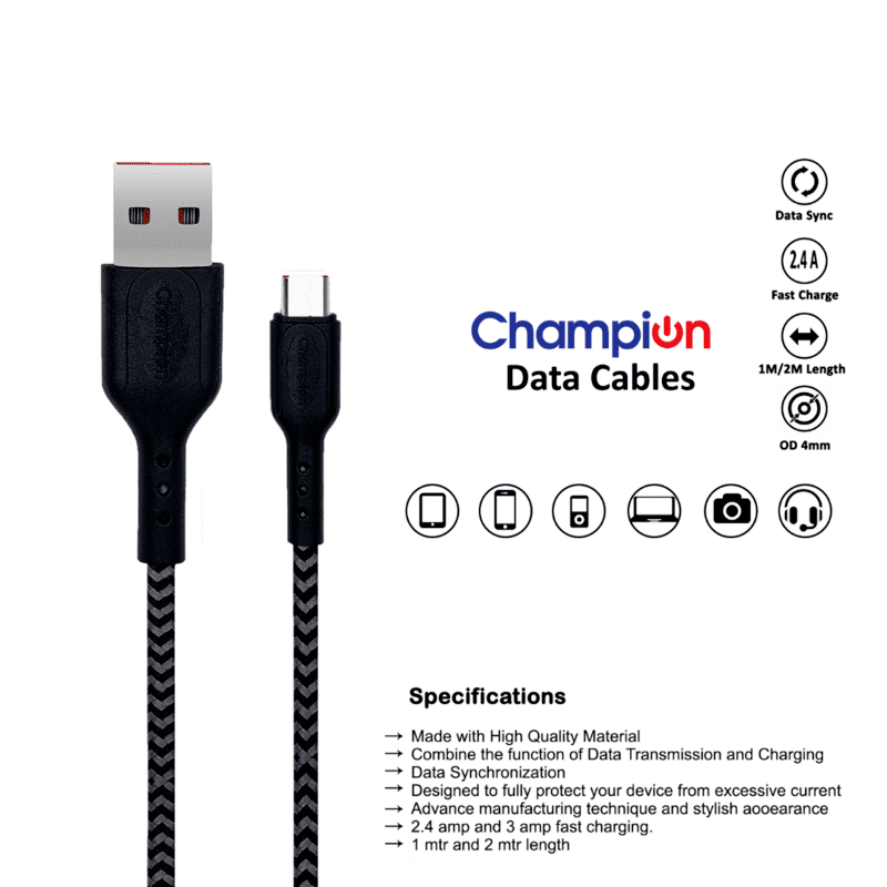 Champion USB to Micro 2.4Amp Data Sync & Charging Cable Braided 1M for all Android & Micro USB Devices
