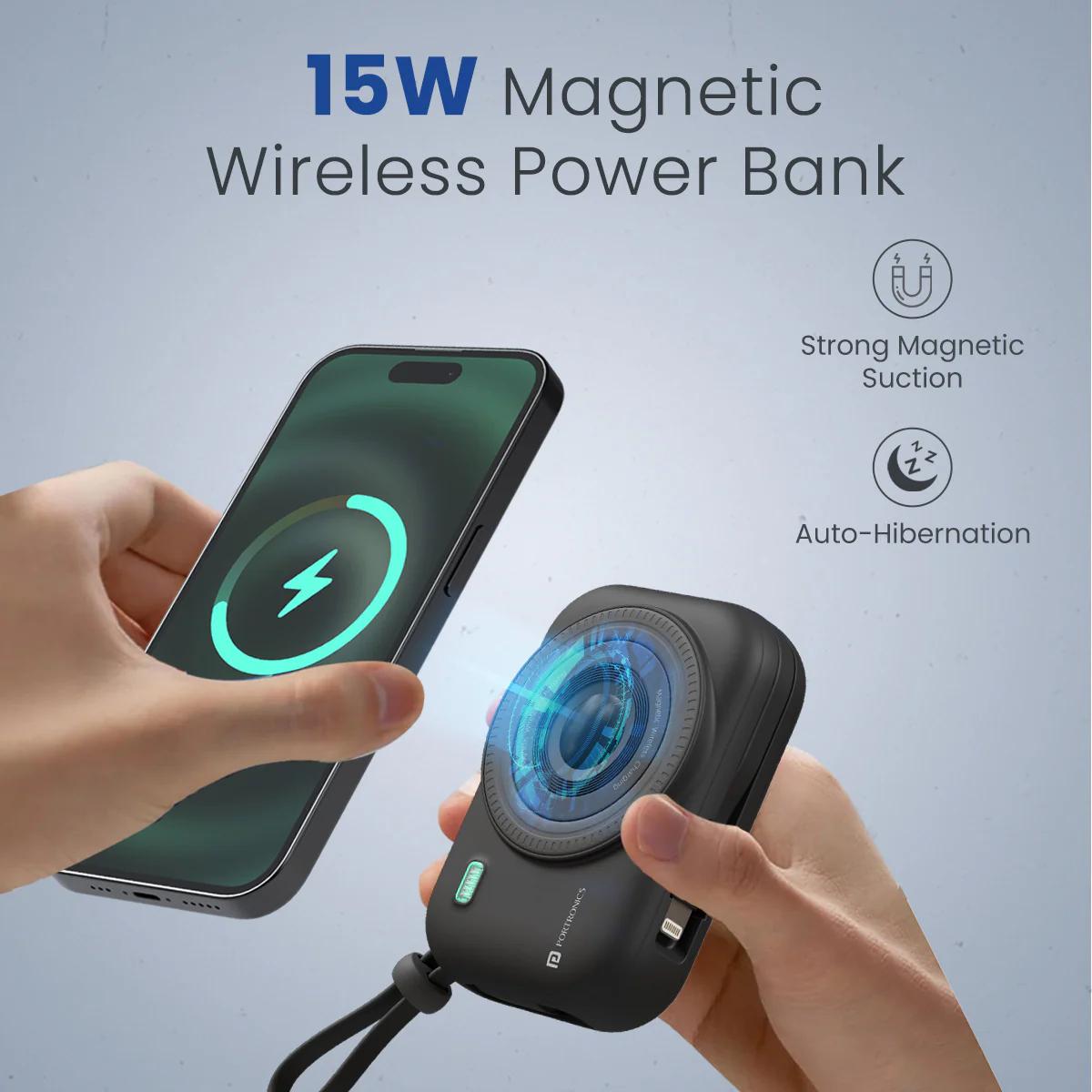 Portronics Power Shutter 15W Wireless Magnetic Power Bank, 22.5W PD, Type-C & 8-Pin Cable, LED Display